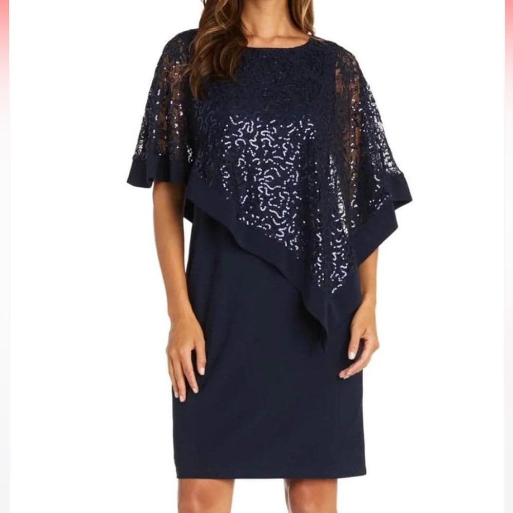 R&M Richards Mother Of The Bride Navy Blue Sequined Poncho Dress